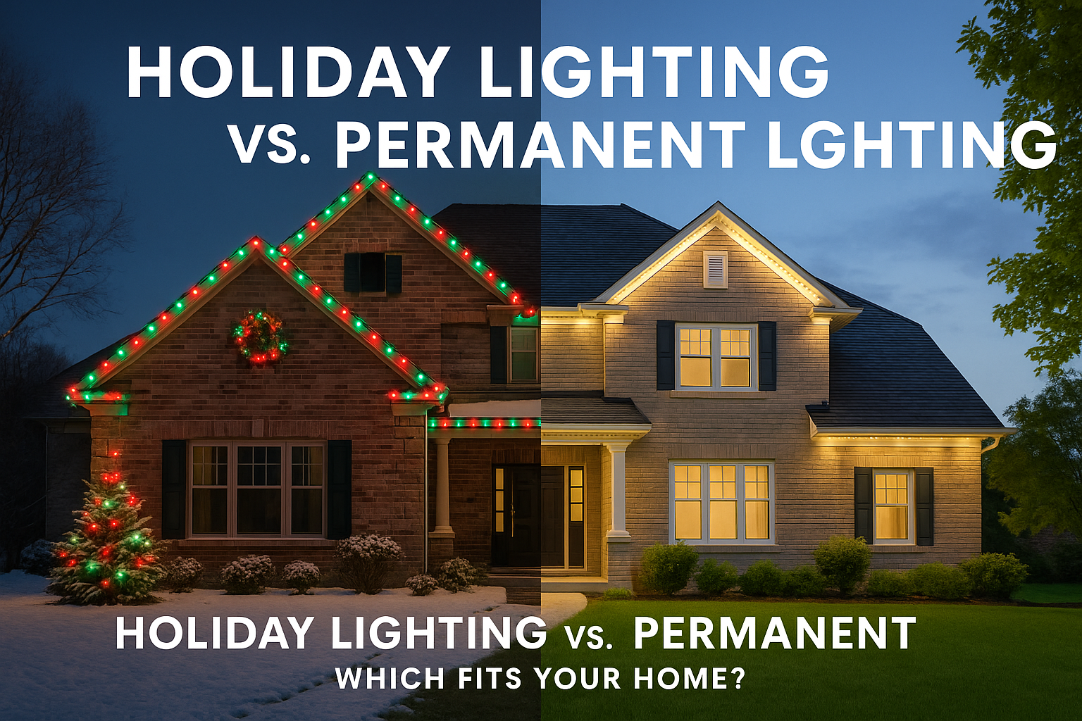 Split image of the same suburban home showing winter on the left with red and green holiday lights and snow, and summer on the right with permanent white LED roofline lighting. Text reads ‘Holiday Lighting vs. Permanent Lighting — Which Fits Your Home?