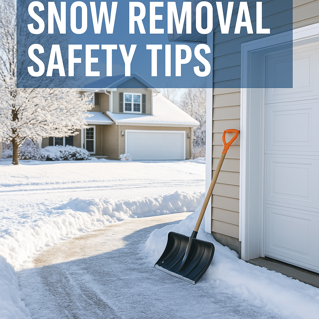 Freshly shoveled suburban driveway on a winter morning with a snow shovel resting near the garage, symbolizing safe residential snow removal practices.